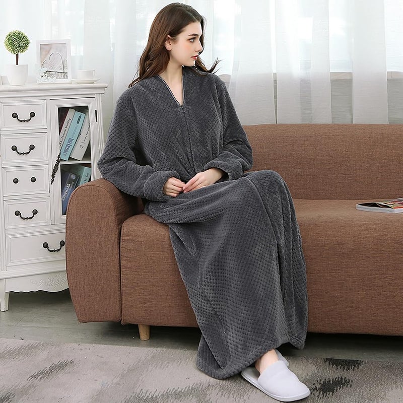 Oksun Womens Fleece Warm Robe: Cozy Flannel Long Zipper Bathrobe - Plush Winter Housecoat Nightgown (Gray, Medium) - Image 5